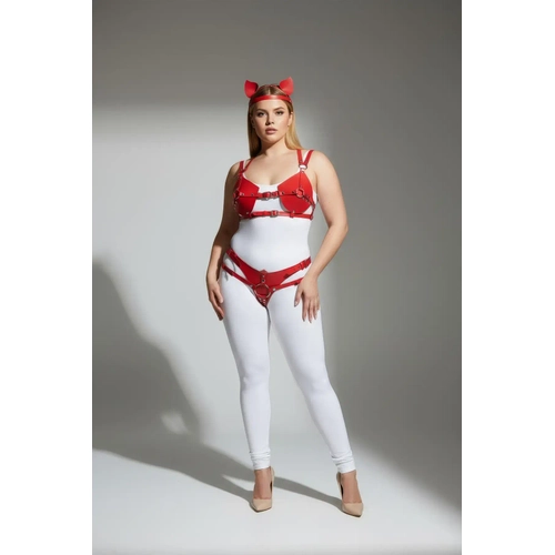 B�y�k Beden K�rm�z� Kad�n Harness Tak�m Kedi Kulakl� Deri Fantazi Aksesuar - APFT871