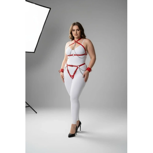 B�y�k Beden K�rm�z� Kad�n Harness Tak�m Zincir Detayl� Deri Fantezi Aksesuar - APFT1224