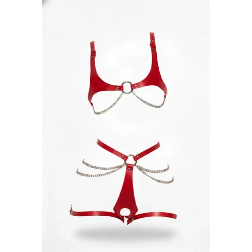 K�rm�z� Harness Tak�m Deri Zincir Detayl� V�cut Aksesuar� - APFT1384