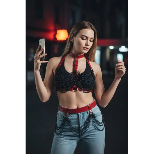 K�rm�z� Kad�n Kemer �ok Katl� Zincir Detayl� - APFT438