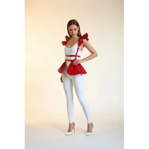 K�rm�z� Etek Deri Volanl� Omuz Peplum - APFT1001