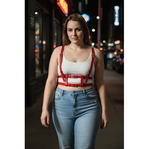 B�y�k Beden K�rm�z� Kad�n Kemer Ask�l� Deri Harness V�cut Aksesuar� - APFT941