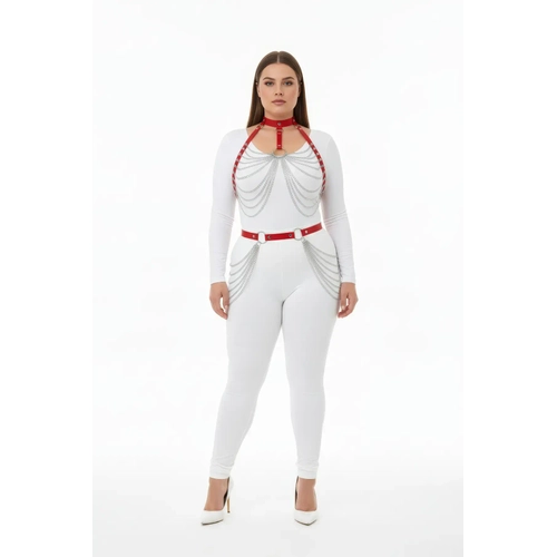 B�y�k Beden K�rm�z� Kad�n Harness Tak�m Zincir Detayl� Deri Fantezi V�cut Aksesuar� - APFT701