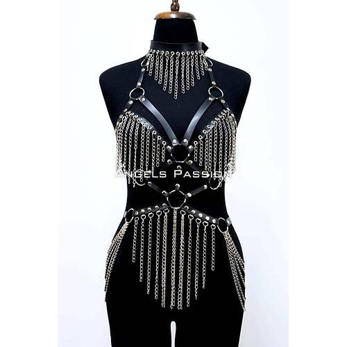Deri ve Zincir Detayl� Harness Tak�m, Deri Dans�� Kost�m, Choker Detayl� Deri Harness - APFT1397