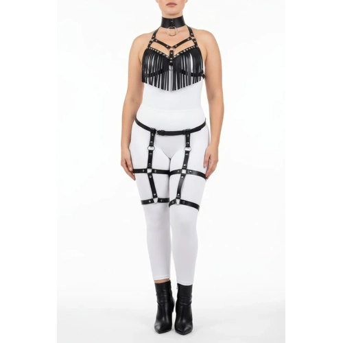 B�y�k Beden Siyah Kad�n Harness Tak�m P�sk�ll� Deri G�r�n�ml� Jartiyerli Fantezi Aksesuar - APFT715