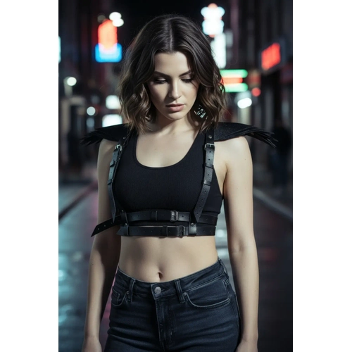 Siyah Kad�n Kemer Deri Omuz Z�rh Detayl� V�cut Aksesuar� - APFT717