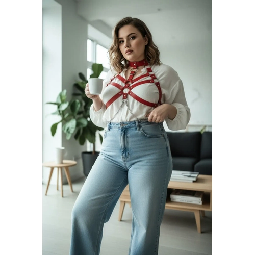 B�y�k Beden K�rm�z� Kad�n Kemer, Harness Stilinde G���s Detayl� Deri V�cut Aksesuar� - APFT517