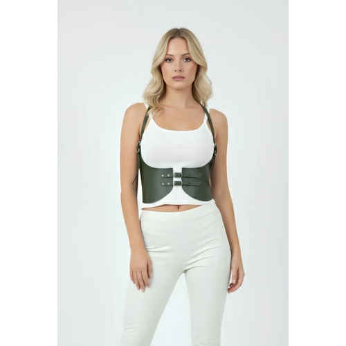 Haki Renk Kal�n Kad�n Kemeri, Deri Kemer Harness - APFT605