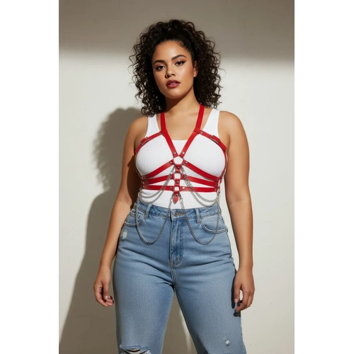 B�y�k Beden K�rm�z� Kad�n Kemer Deri Harness Zincir Detayl� V�cut Aksesuar� - APFT9