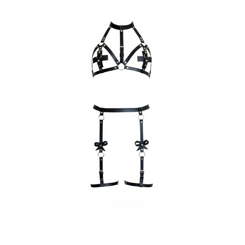 Siyah Jartiyer Harness Deri Boyunlu Fiyonk Detayl� Tak�m - APFT310