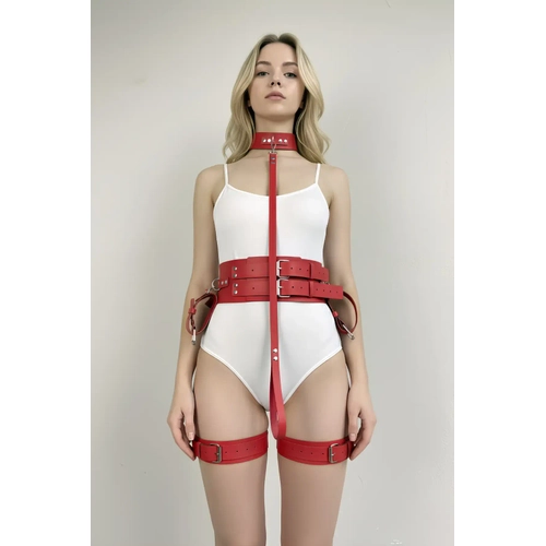 K�rm�z� Harness Tak�m Deri �oklu Kemer Boyunluklu Set - APFT869