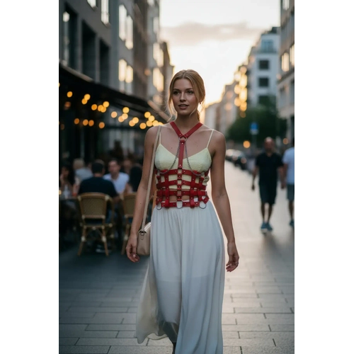 K�rm�z� Kad�n Kemer Korse Yap�l� Zincir Detayl� - APFT1072