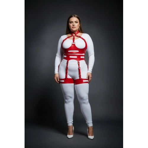 B�y�k Beden K�rm�z� Kad�n Harness Tak�m Seksi Fantezi Deri Jartiyer Detayl� - APFT1302