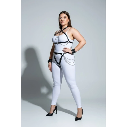 B�y�k Beden Siyah Kad�n Deri Harness Tak�m Zincir ve Jartiyer Detayl� - APFT1224