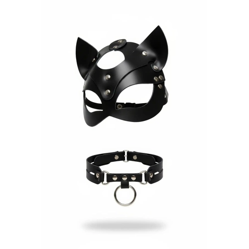 Siyah Maske Kedi Kulakl� Z�mba Detayl� Deri Y�z Maskesi - APFT789