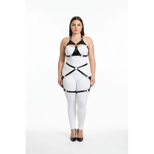 B�y�k Beden Siyah Kad�n Deri Harness Tak�m Halka Detayl� Jartiyerli - APFT1272