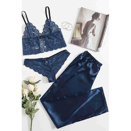 Merry See Dantel Styen Klot Saten Pijama Alt 3 l Takm Lacivert