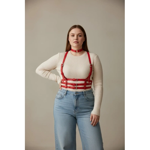 B�y�k Beden K�rm�z� Kad�n Kemer Deri Harness Korse G�r�n�ml� V�cut Aksesuar� - APFT615