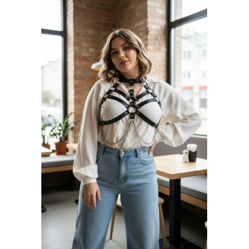 B�y�k Beden Siyah Kad�n Kemer Zincir Detayl� Deri Harness V�cut Aksesuar� - APFT517