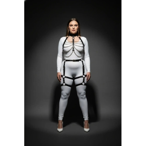 B�y�k Beden Siyah Kad�n Harness Tak�m Zincir Detayl� Jartiyerli Deri Set - APFT1262