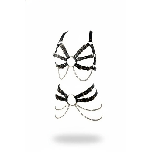 Siyah Harness Tak�m Zincir Detayl� Metal Halka Aksesuarl� - APFT1260