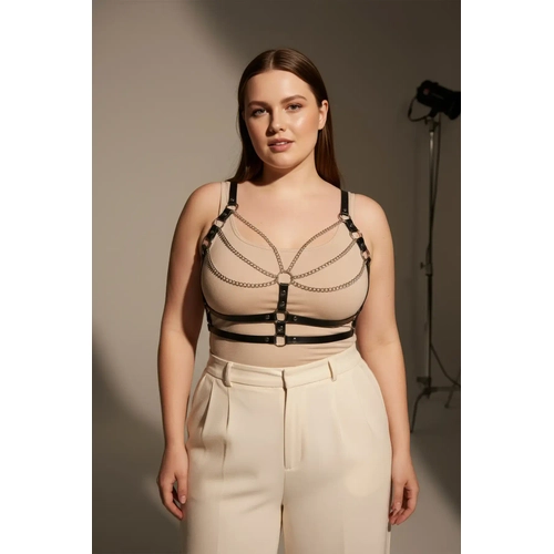 B�y�k Beden Siyah Kad�n Kemer Deri Zincir Detayl� V�cut Harness - APFT808