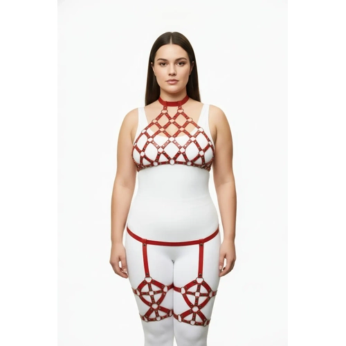 B�y�k Beden K�rm�z� Kad�n Harness Tak�m Jartiyerli Z�mba Detayl� Fantezi - APFT460