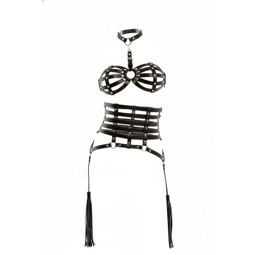 Siyah Harness Tak�m Deri Kafesli Z�mba Detayl� Korse Set - APFT378