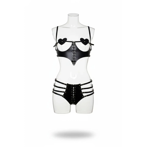 Siyah Harness Tak�m Deri Kalp Detayl� Ba�c�kl� - APFT1256