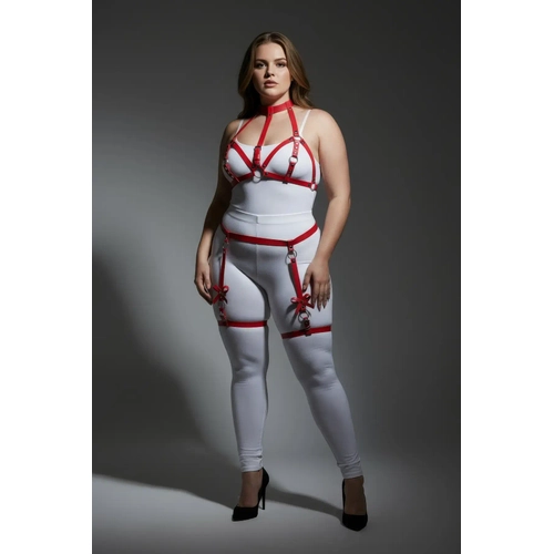 B�y�k Beden K�rm�z� Kad�n Deri G�r�n�ml� Fiyonk Detayl� Jartiyer Harness Tak�m - APFT310