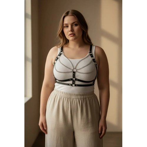 B�y�k Beden Siyah Kad�n Kemer Deri Zincir Detayl� V�cut Harness - APFT808