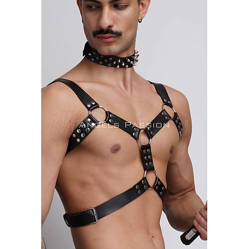 Krba ve ivili Choker Detayl Erkek Fantazi Giyim, Deri Erkek Harness Takm - APFTM102