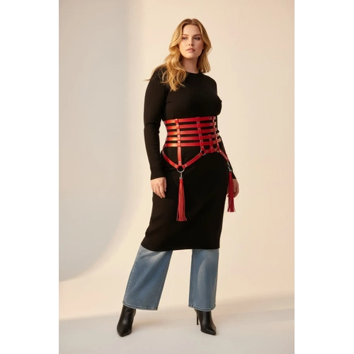 B�y�k Beden K�rm�z� Kad�n Kemer Korse Stil P�sk�l Detayl� Deri Aksesuar - APFT408