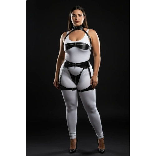 B�y�k Beden Siyah Kad�n Deri Harness Tak�m Jartiyerli Fantezi V�cut Aksesuar� - APFT1373
