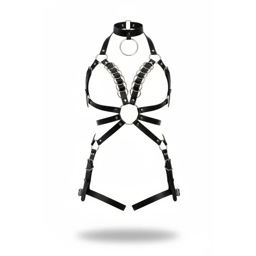 Siyah Harness Tak�m Deri Metal Halka Detayl� Boyunluklu - APFT781