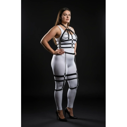 B�y�k Beden Siyah Kad�n Harness Tak�m Zincir Detayl� Full Body Deri Aksesuar - APFT698