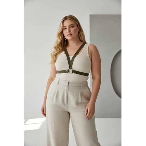 B�y�k Beden Haki Kad�n Kemer Deri Harness Halka Detayl� V�cut Aksesuar� - APFT633