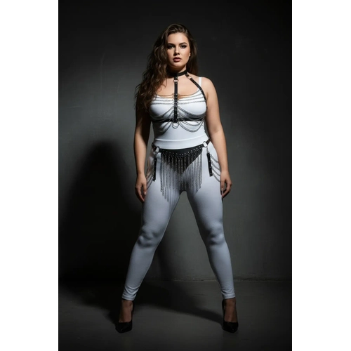 B�y�k Beden Siyah Kad�n Harness Tak�m Zincir ve P�sk�l Detayl� Deri Fantezi Aksesuar - APFT328