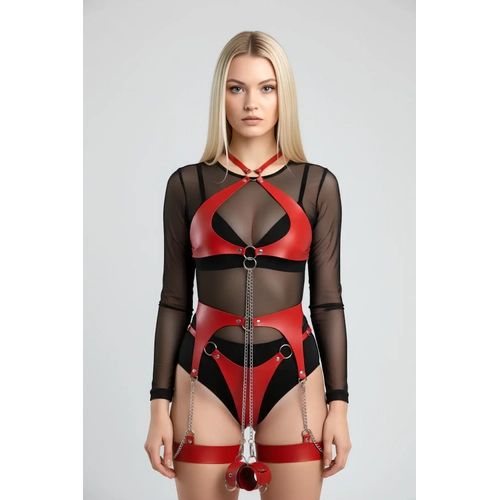 K�rm�z� Harness Tak�m Suni Deri Zincir Detayl� V�cut Kemeri - APFT1219