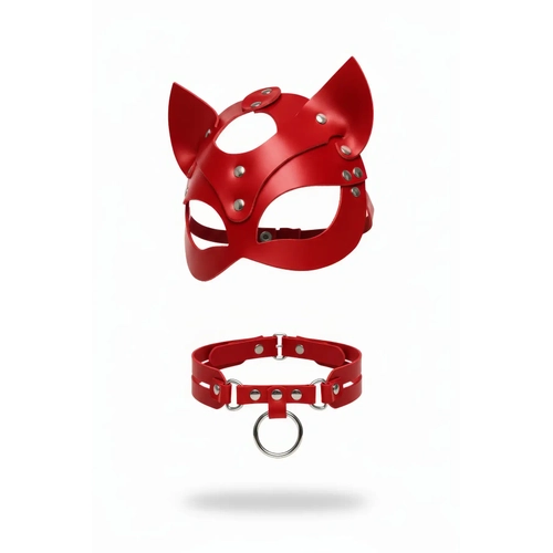 K�rm�z� Maske Kedi Kulakl� Z�mbal� Suni Deri Aksesuar - APFT789