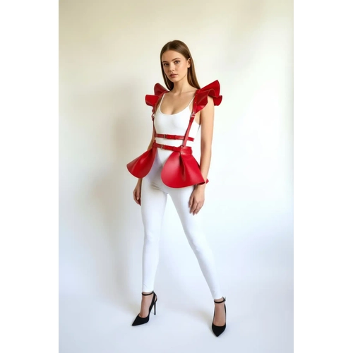 K�rm�z� Etek Deri Volanl� Omuz Peplum - APFT1001