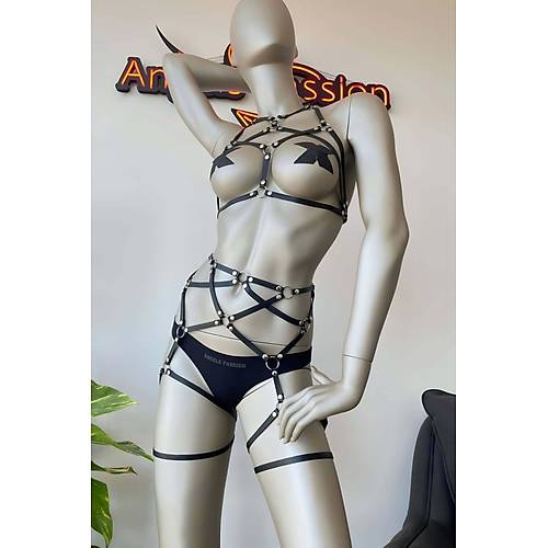 Siyah Deri Jartiyer ve Bstiyer Harness - APFT415