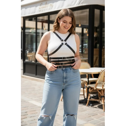 B�y�k Beden Siyah Kad�n Deri Kemer �apraz Ask�l� Body Harness V�cut Aksesuar� - APFT911