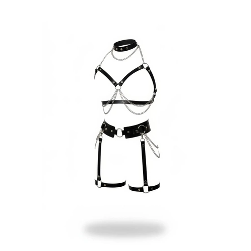 Siyah Harness Tak�m Zincir Detayl� Deri Y�ksek Yaka Jartiyer Seti - APFT486