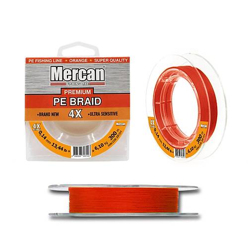 Mercan Premium PE X4 Örgü İp 300 m Makara Misina- Turuncu