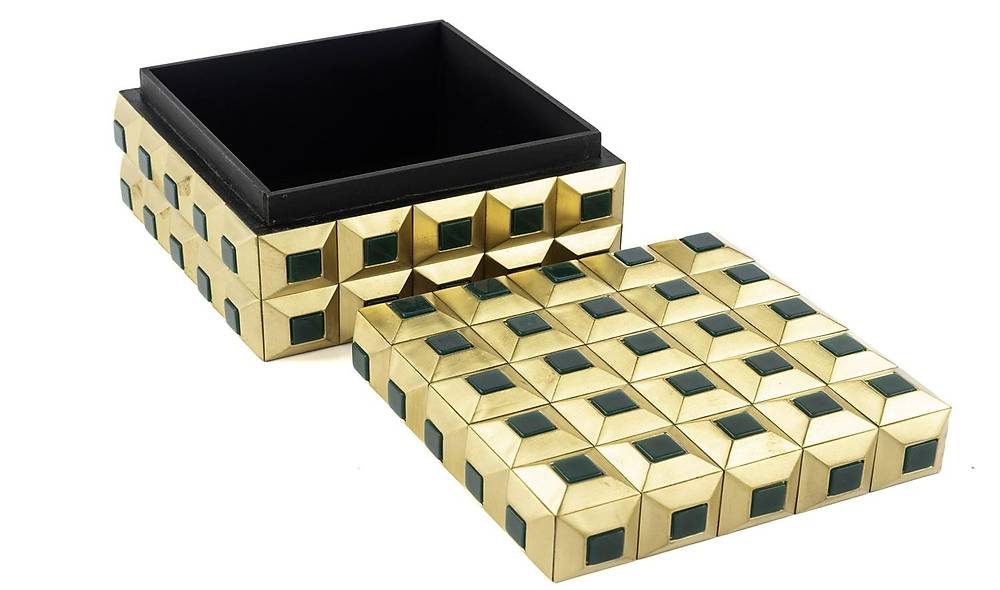 Gold Box with Green Stones 14x14 cm