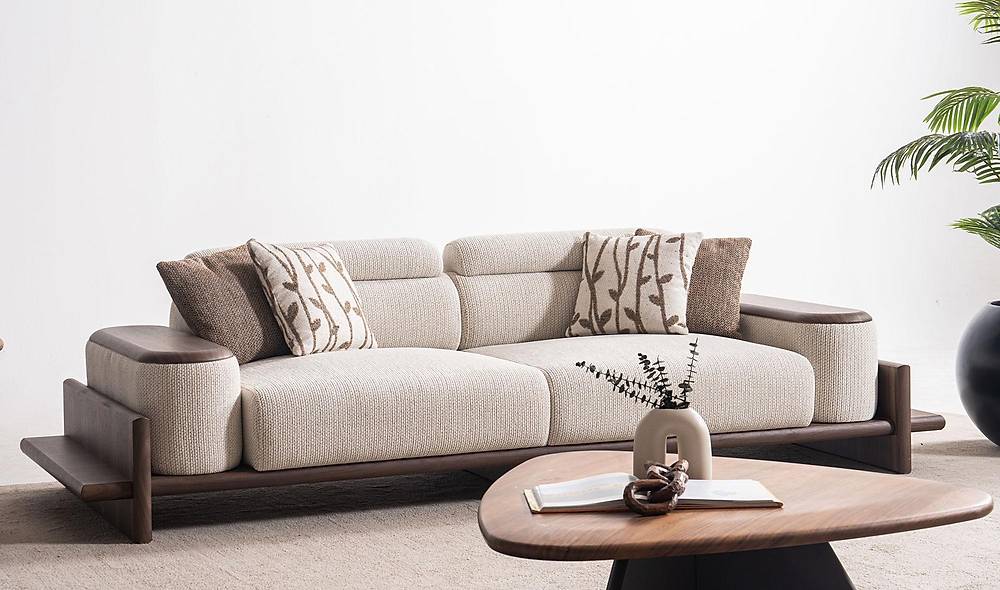 Alya Triple Sofa - Wooden Arm - Cream
