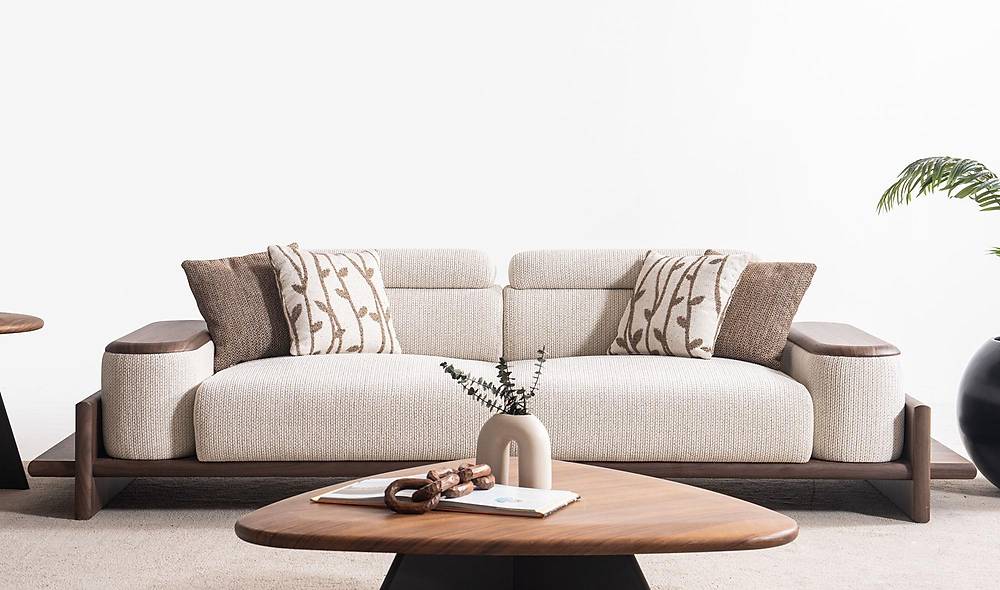 Alya Triple Sofa - Wooden Arm - Cream