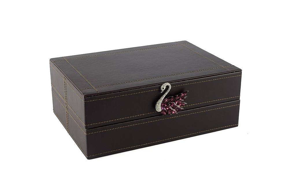 Dark Purple Leather Box With Swan Handle 26x18 cm