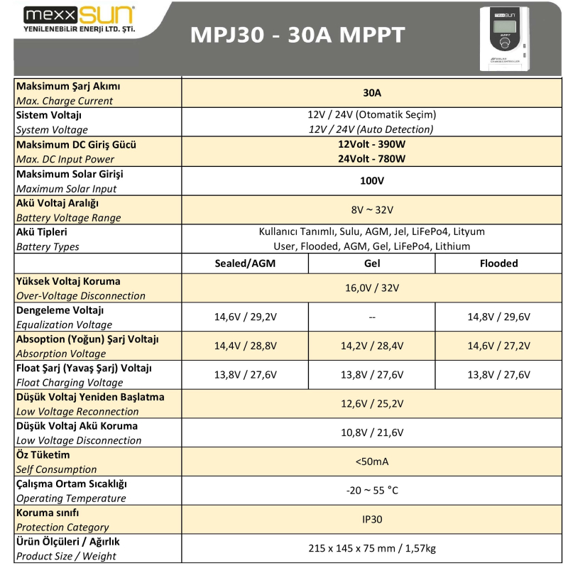 Mexxsun 30 Amper 12/24 Volt MPPT Şarj Kontrol Cihazı (MPJ30)